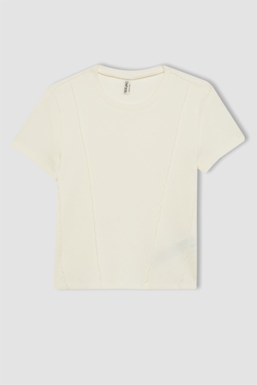 Kız Çocuk - Genç Kız Ekru Slim Fit Dar Kesim Bisiklet Yaka Ribana Kısa Kollu Tişört Kız Çocuk