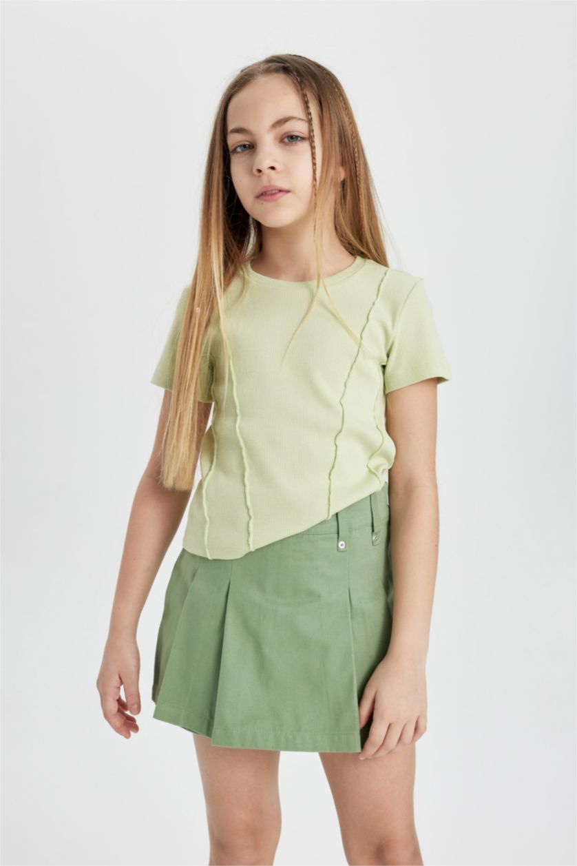 GIRLS & TEENS Light Green تيشيرت نص كم مضلع سليم فيت