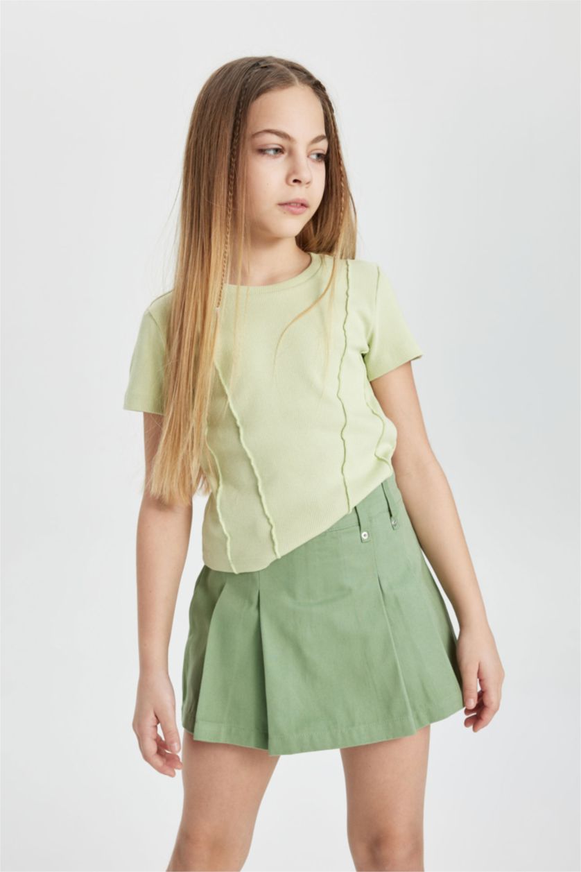 GIRLS & TEENS Light Green تيشيرت نص كم مضلع سليم فيت