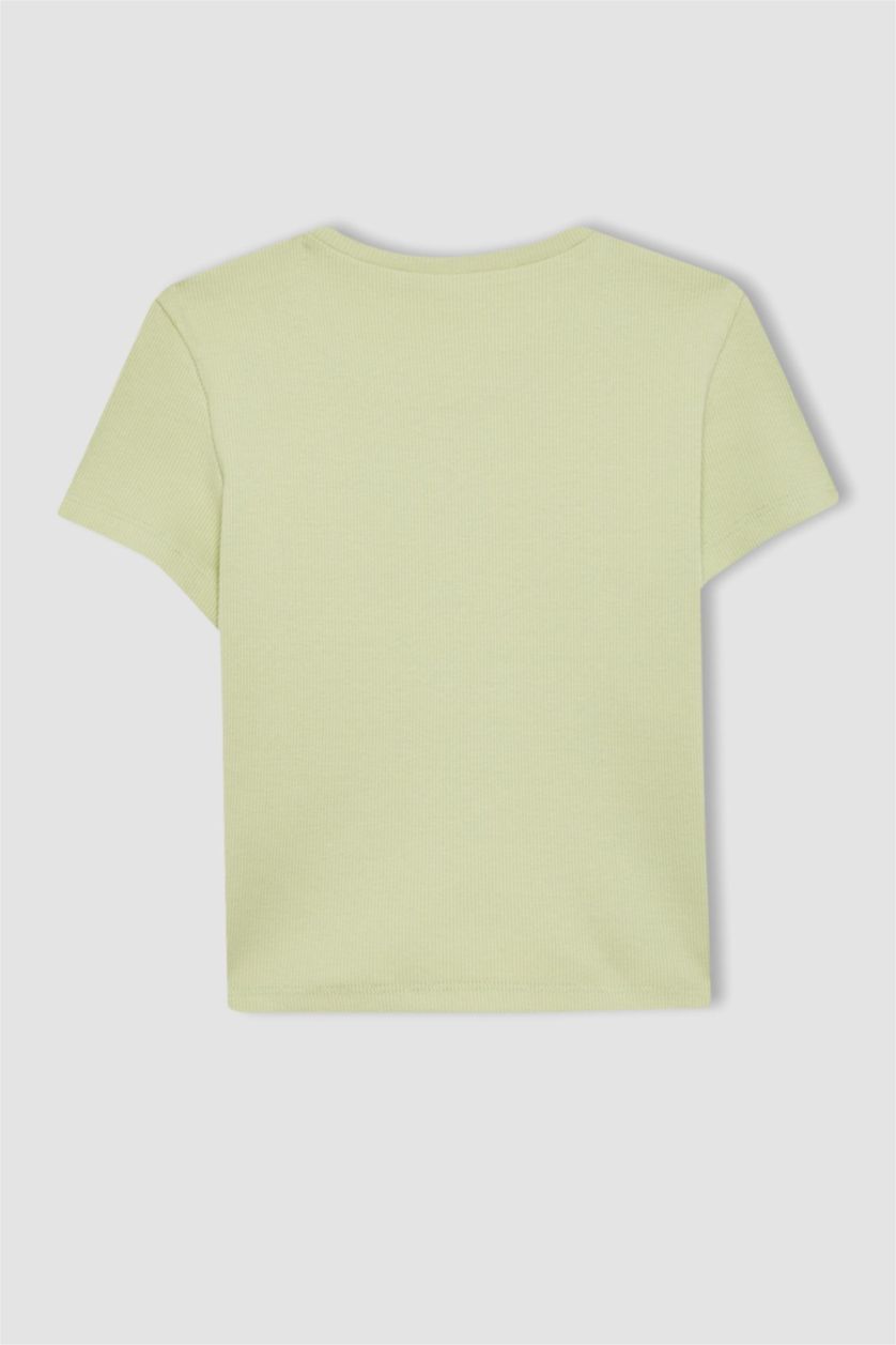 GIRLS & TEENS Light Green تيشيرت نص كم مضلع سليم فيت