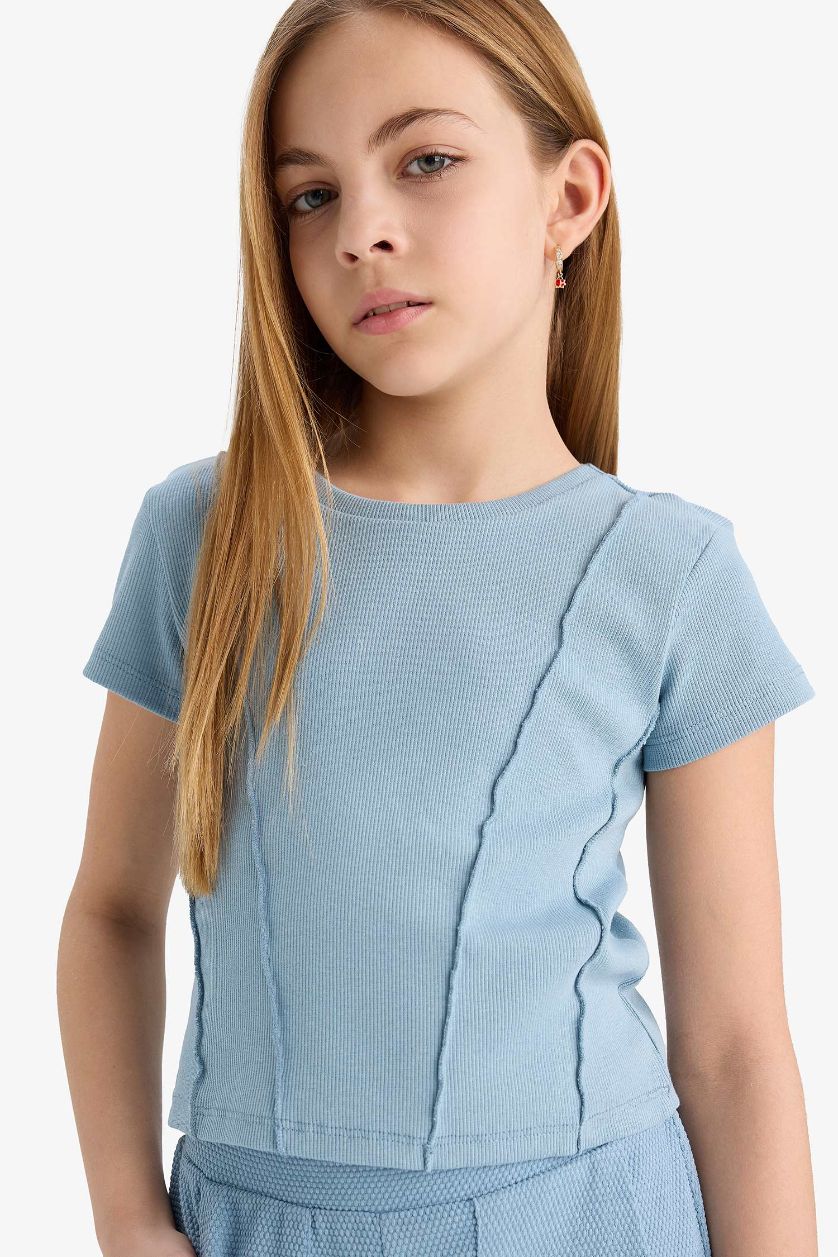 Girls & Teens Blue Girl Slim Fit Crew Neck Basic Ribbed T-Shirt