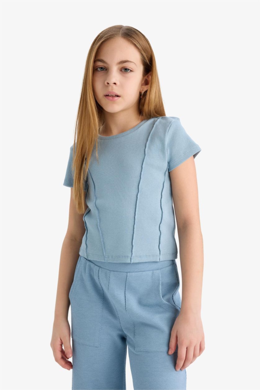 Girls & Teens Blue Girl Slim Fit Crew Neck Basic Ribbed T-Shirt
