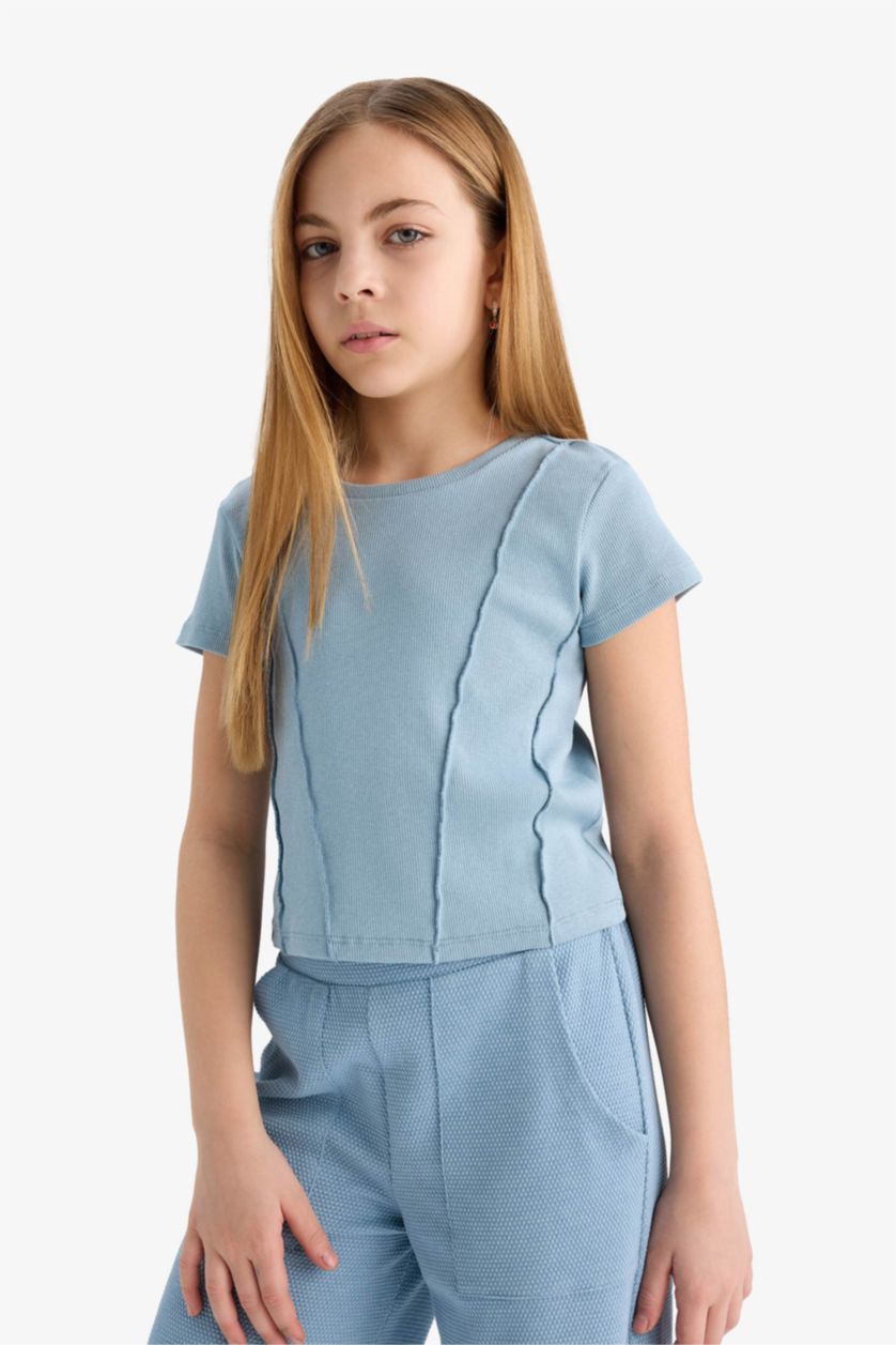 Girls & Teens Blue Girl Slim Fit Crew Neck Basic Ribbed T-Shirt