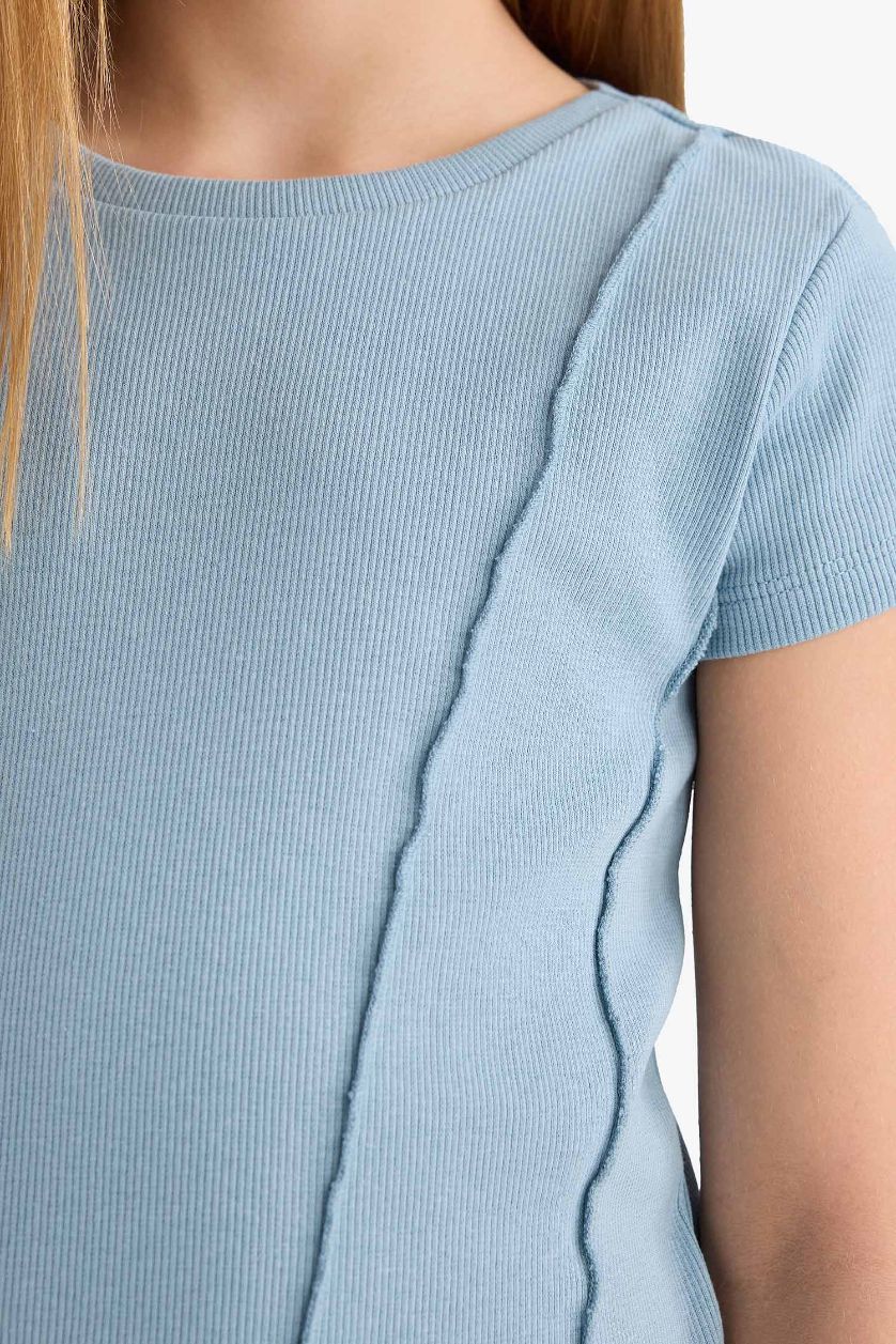 Girls & Teens Blue Girl Slim Fit Crew Neck Basic Ribbed T-Shirt