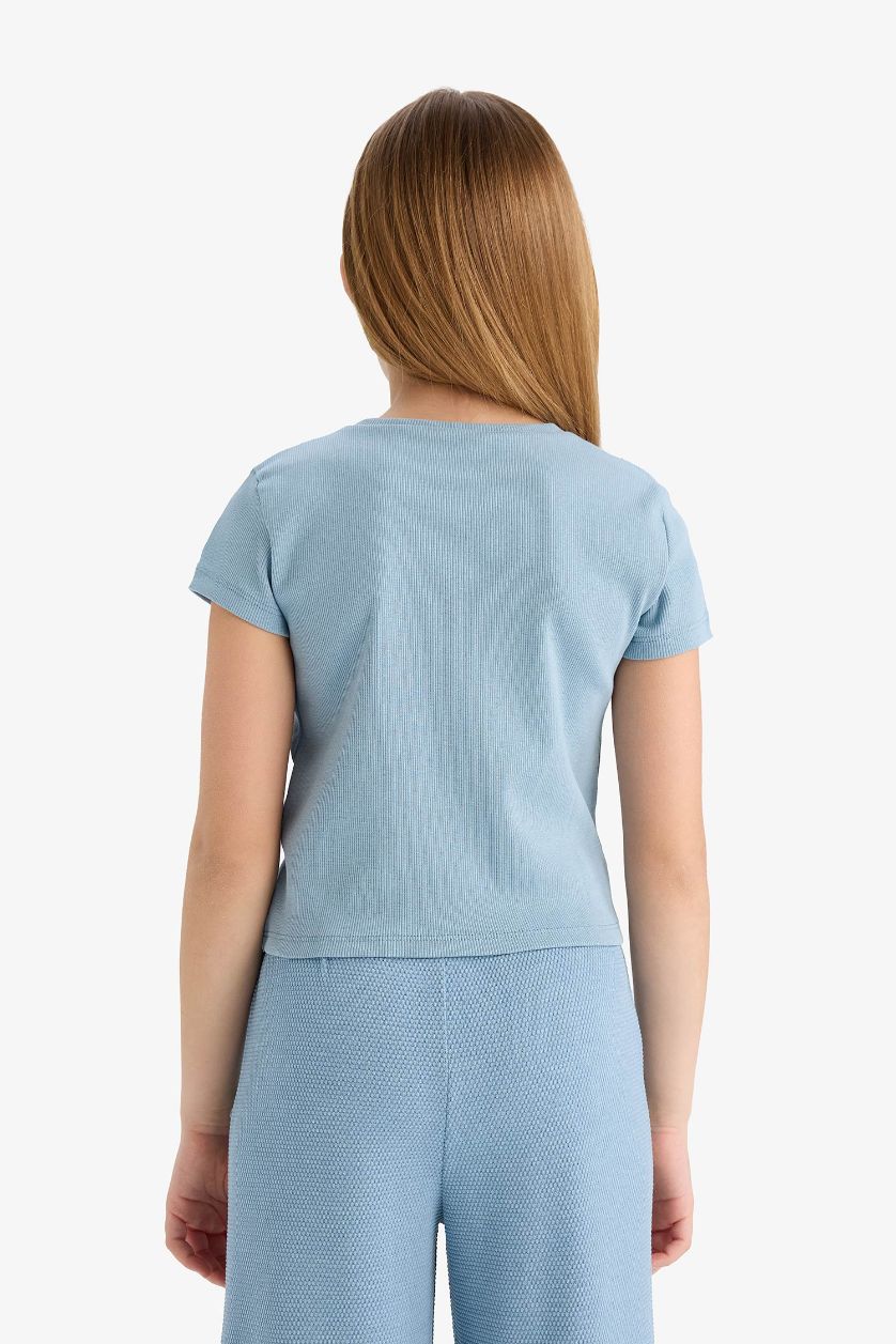 Girls & Teens Blue Girl Slim Fit Crew Neck Basic Ribbed T-Shirt
