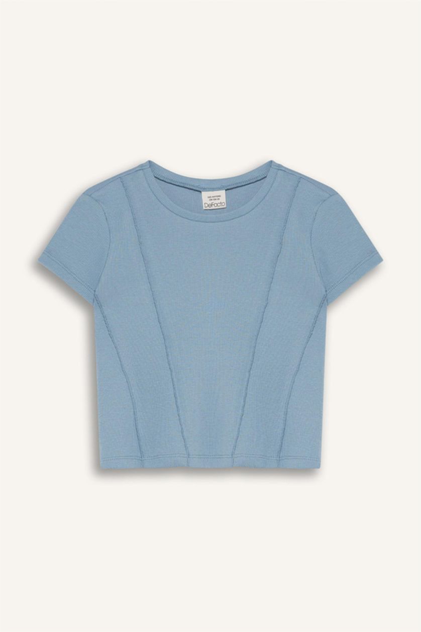 Girls & Teens Blue Girl Slim Fit Crew Neck Basic Ribbed T-Shirt
