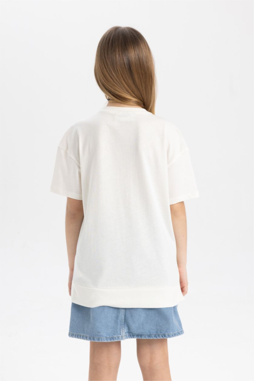 Kız Çocuk - Genç Kız Ekru Kız Çocuk Scooby Doo Oversize Geniş Kalıp Bisiklet Yaka Kısa Kollu Tişört