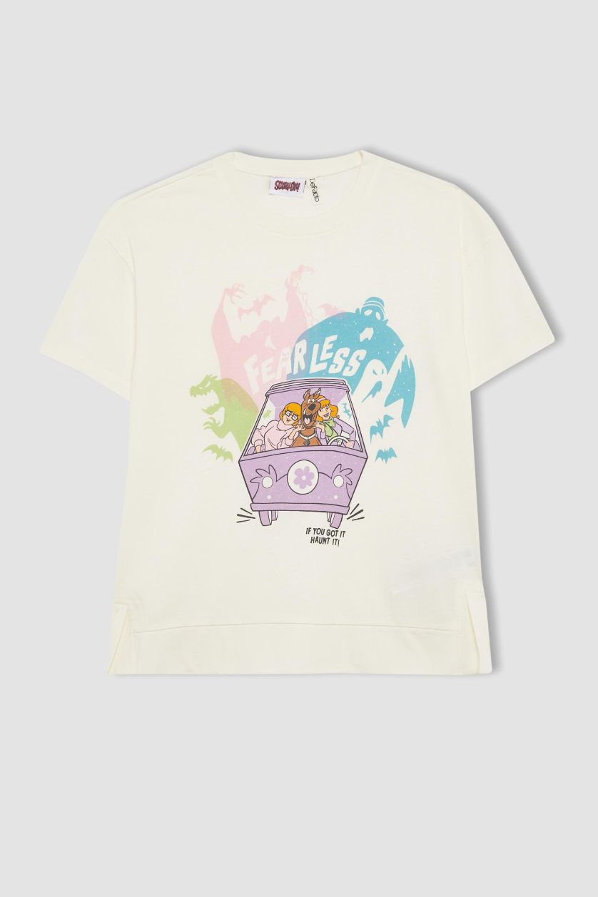 Kız Çocuk - Genç Kız Ekru Kız Çocuk Scooby Doo Oversize Geniş Kalıp Bisiklet Yaka Kısa Kollu Tişört