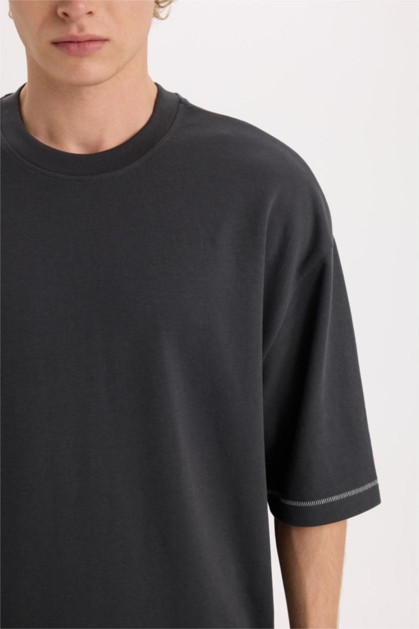 رجالي أنثرا تيشيرت نص كم تقيل قصة فضفاضة