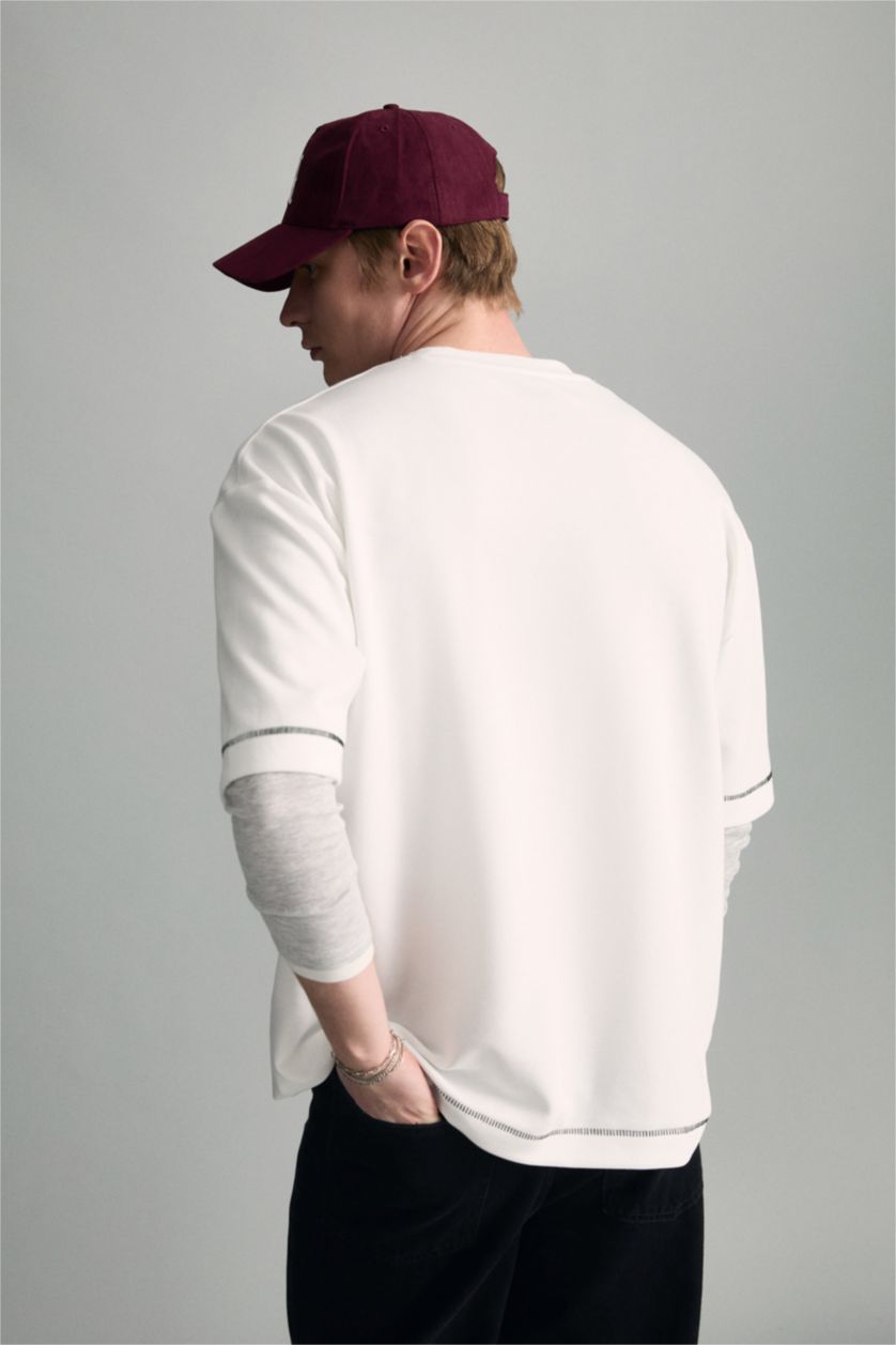 Erkek Ekru Loose Fit Bisiklet Yaka Kısa Kollu Ağır Kumaş Tişört