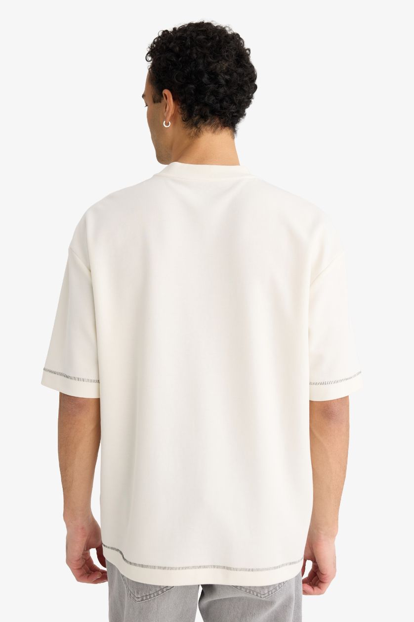 رجالي بيج فاتح تيشيرت نص كم قصة فضفاضة قماش يسمح بمرور الهواء