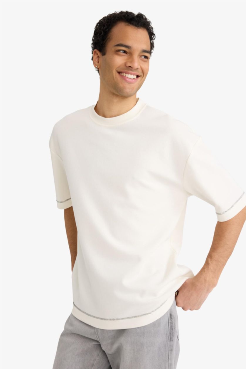 Erkek Ekru Loose Fit Bisiklet Yaka Kısa Kollu Ağır Kumaş Tişört