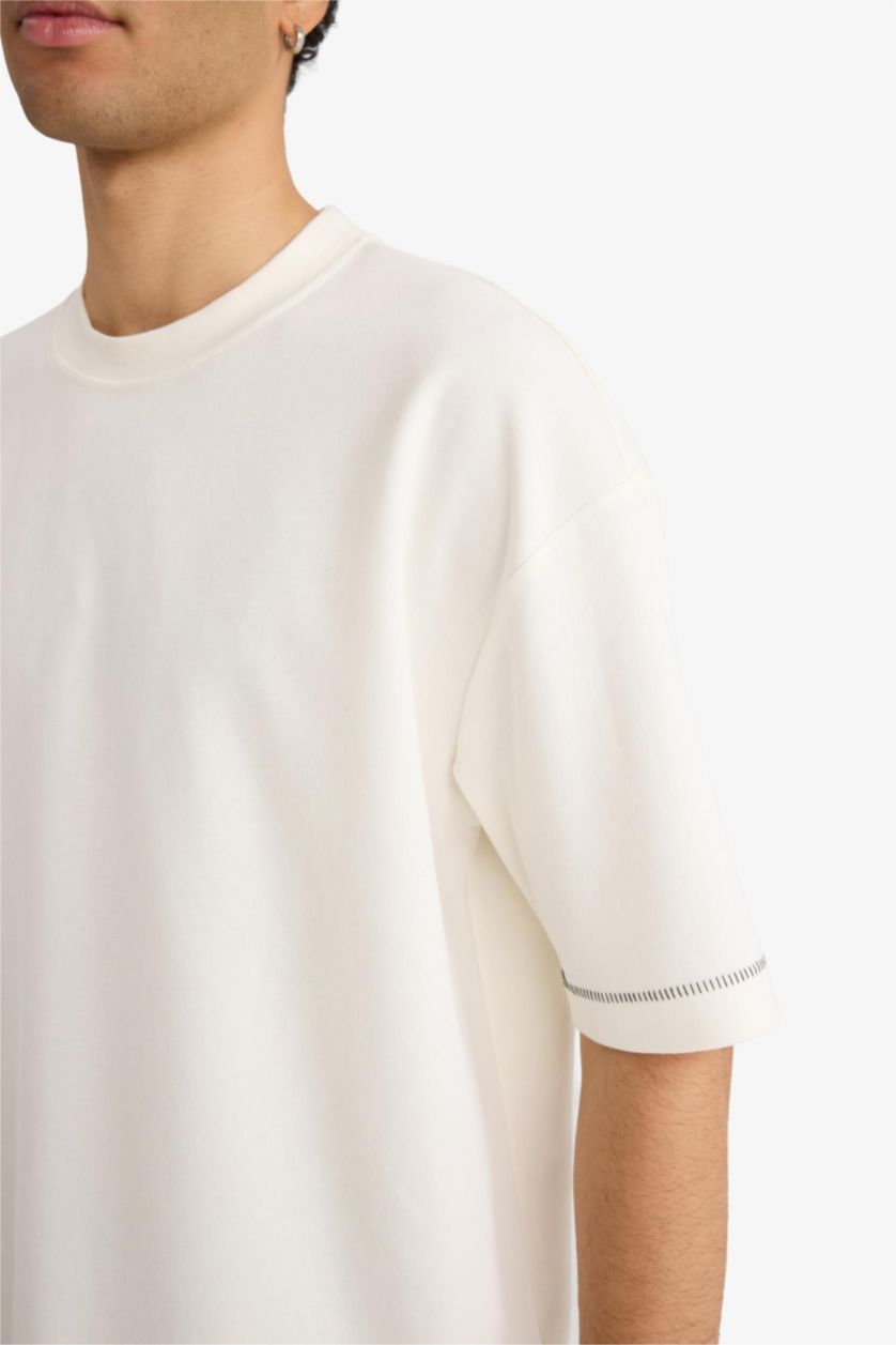 Erkek Ekru Loose Fit Bisiklet Yaka Kısa Kollu Ağır Kumaş Tişört