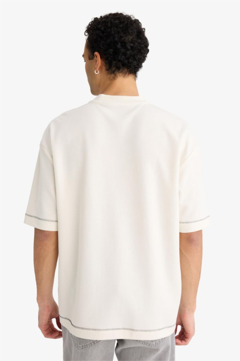 Erkek Ekru Loose Fit Bisiklet Yaka Kısa Kollu Ağır Kumaş Tişört