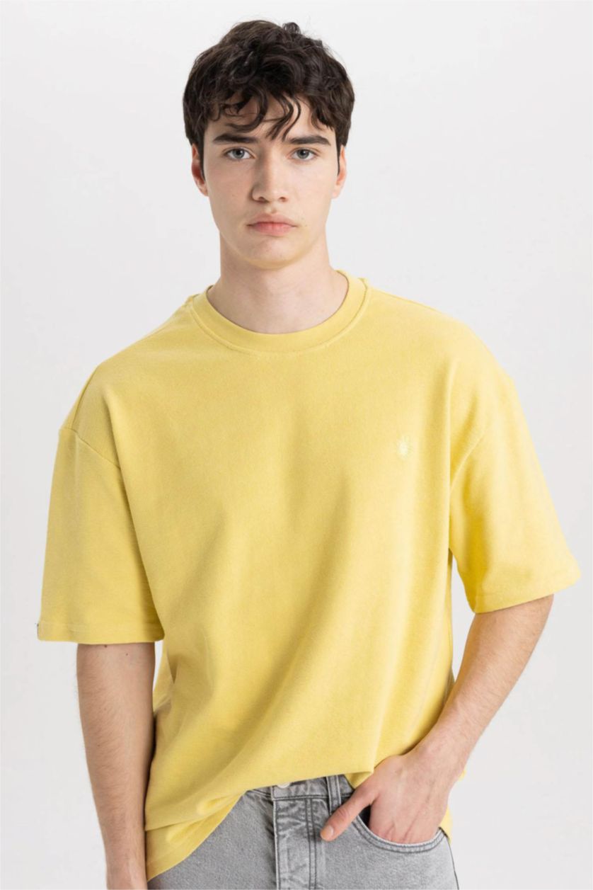 Man Açık Zeytin Yeşili Oversize Crew Neck Printed Short Sleeve T-Shirt