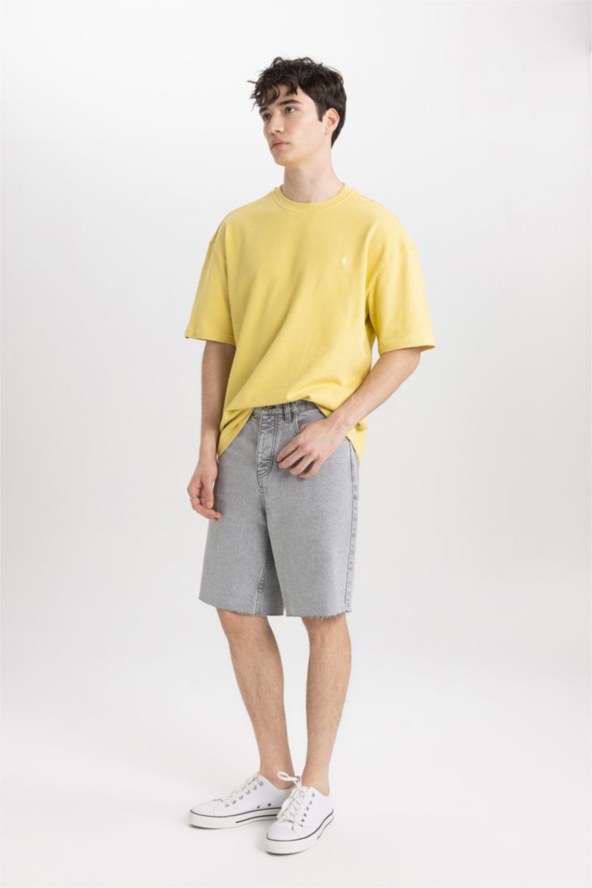 Man Açık Zeytin Yeşili Oversize Crew Neck Printed Short Sleeve T-Shirt