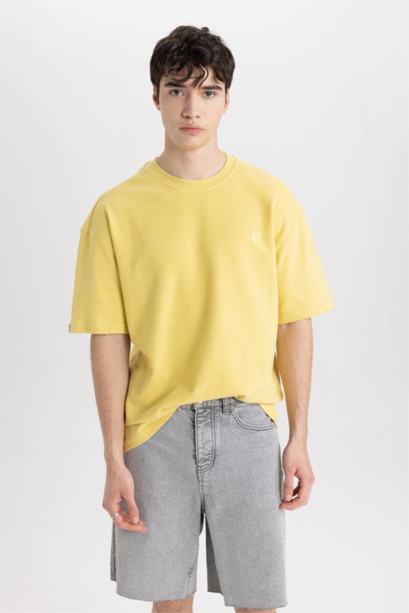 Man Açık Zeytin Yeşili Oversize Crew Neck Printed Short Sleeve T-Shirt