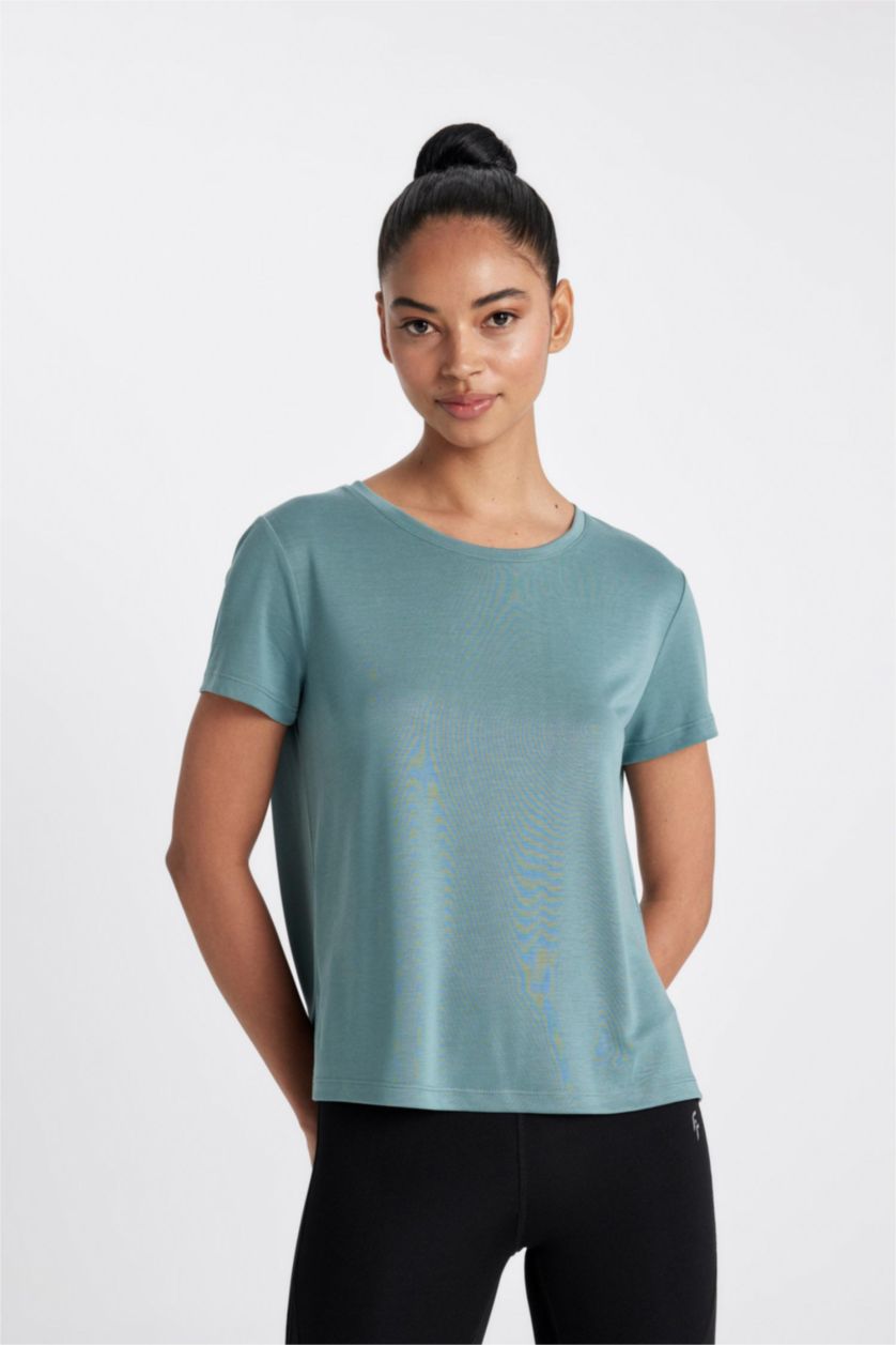 حريمي أخضر تيشيرت نص كم قصة عادية منسوج من DeFactoFit