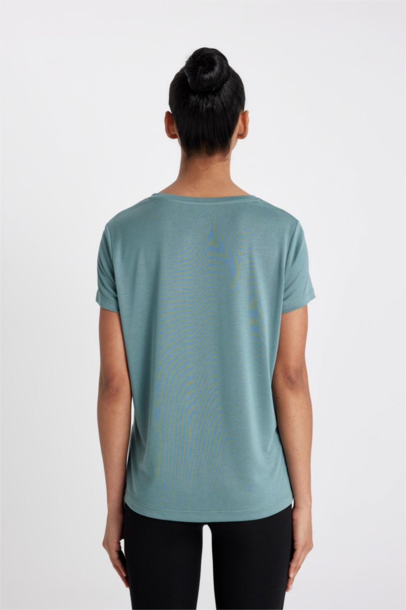 حريمي أخضر تيشيرت نص كم قصة عادية منسوج من DeFactoFit