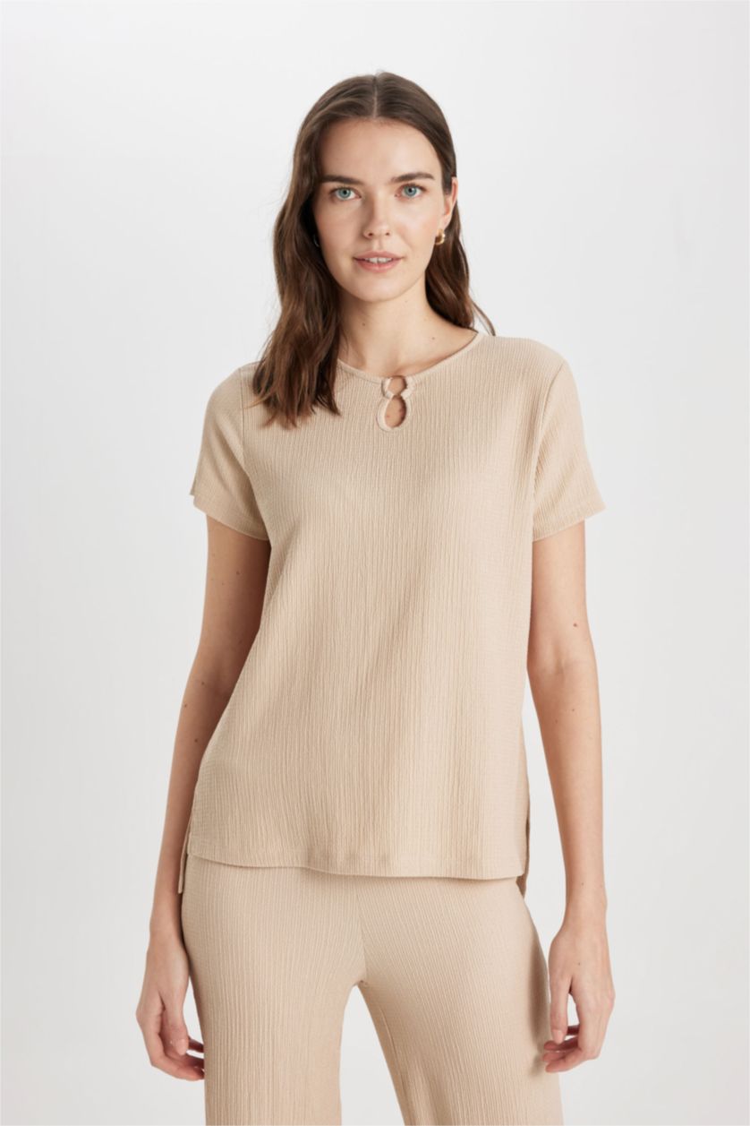 WOMAN Beige Crew Neck Short Sleeve T-Shirt