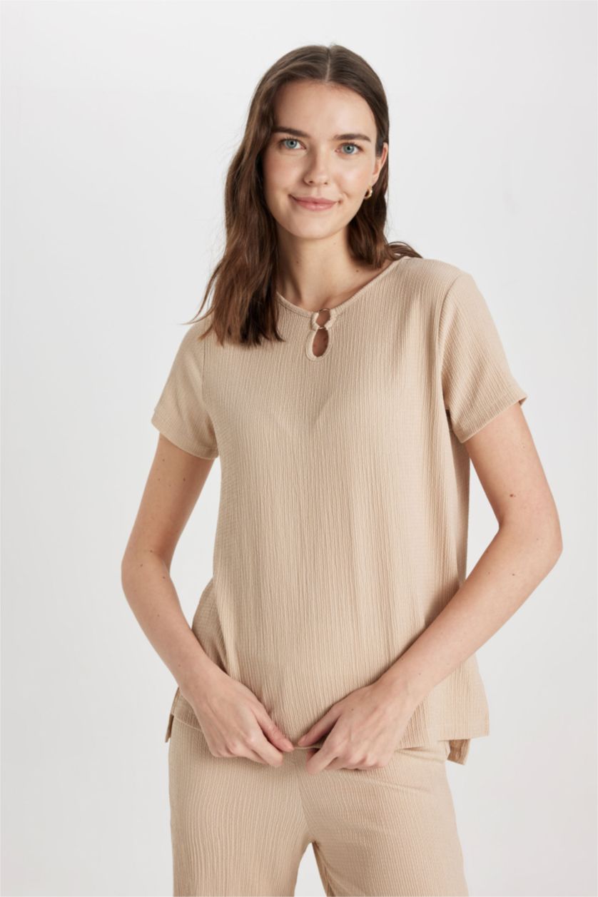 WOMAN Beige Crew Neck Short Sleeve T-Shirt