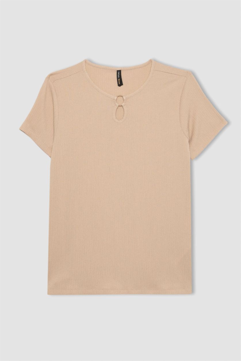 WOMAN Beige Crew Neck Short Sleeve T-Shirt