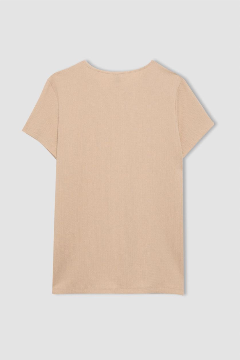 WOMAN Beige Crew Neck Short Sleeve T-Shirt