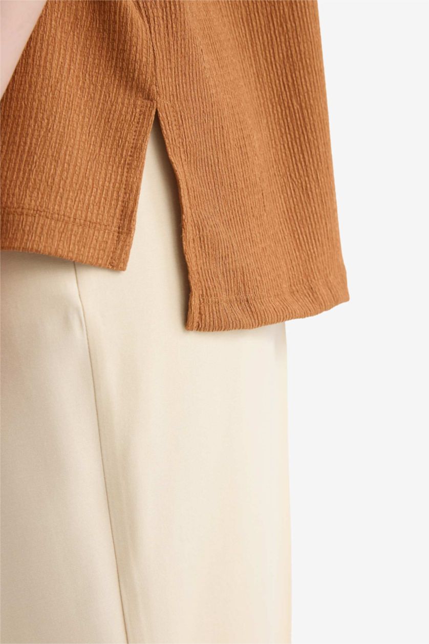 Kadın Camel Bisiklet Yaka Basic Düz Bürümcük Kısa Kollu Tişört