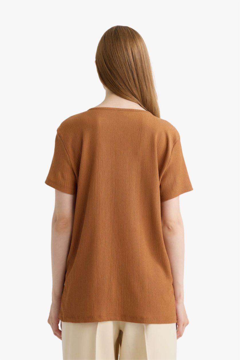 Kadın Camel Bisiklet Yaka Basic Düz Bürümcük Kısa Kollu Tişört