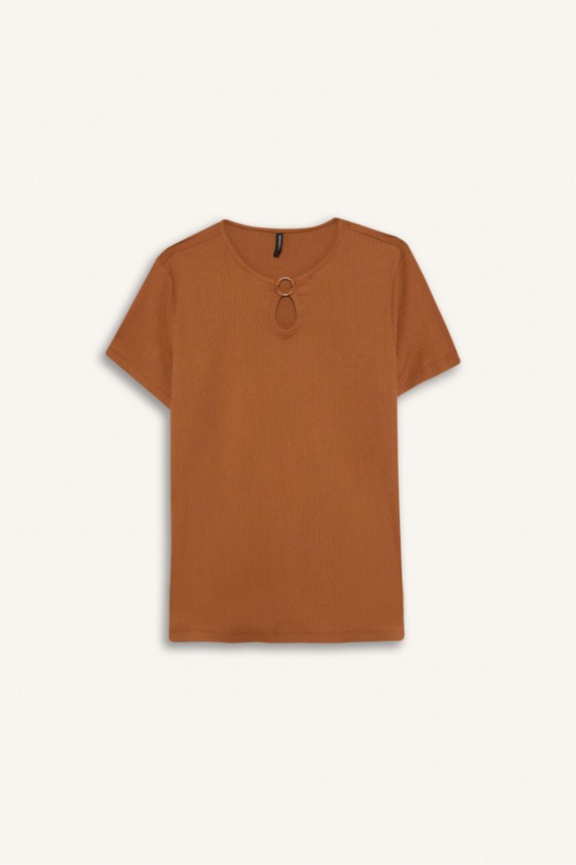 Kadın Camel Bisiklet Yaka Basic Düz Bürümcük Kısa Kollu Tişört