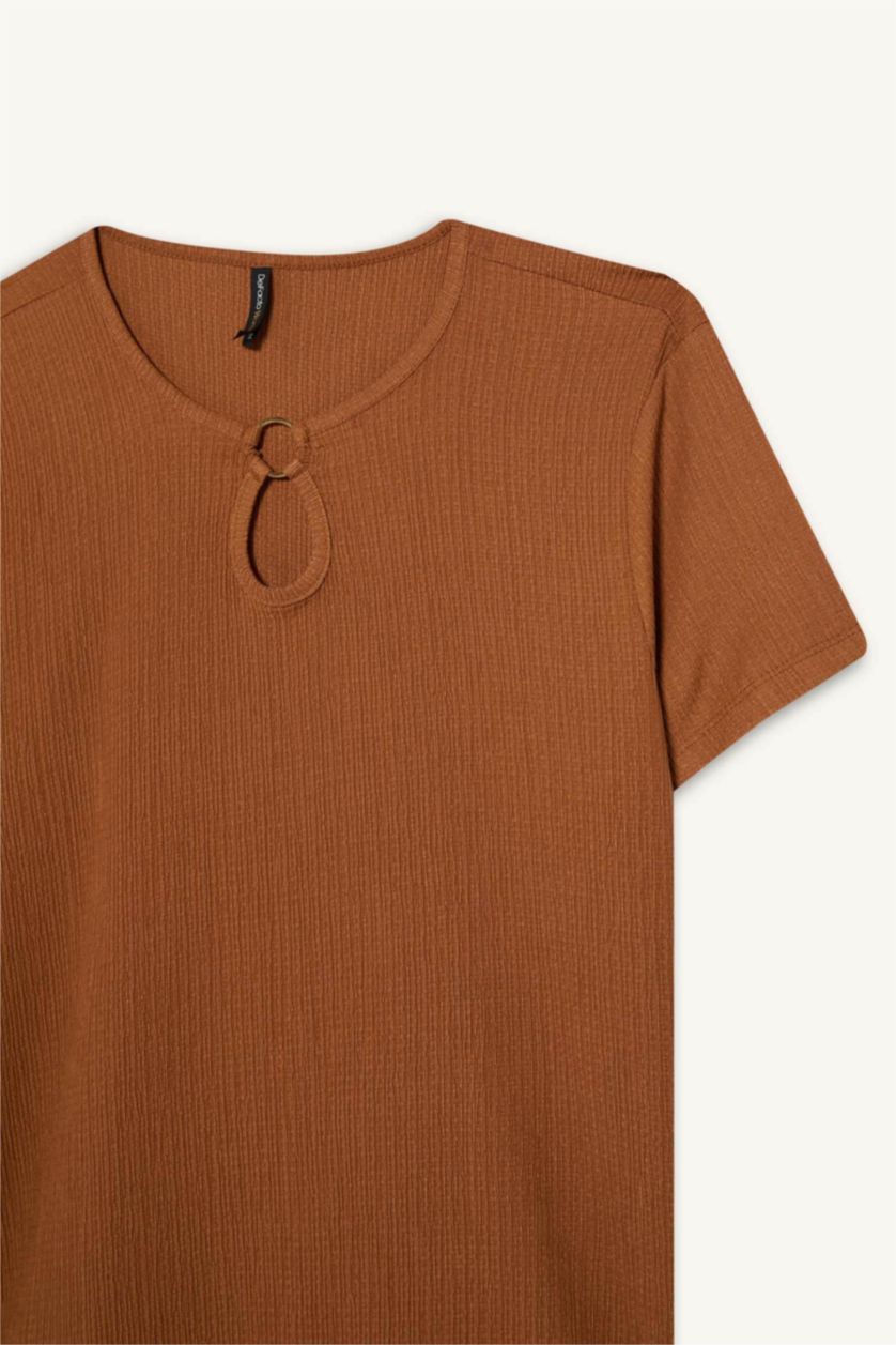 Kadın Camel Bisiklet Yaka Basic Düz Bürümcük Kısa Kollu Tişört