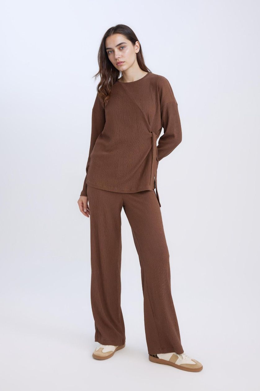 Kadın Kahve Bürümcük Pantolon Wide Leg Geniş Bol Paça Beli Lastikli