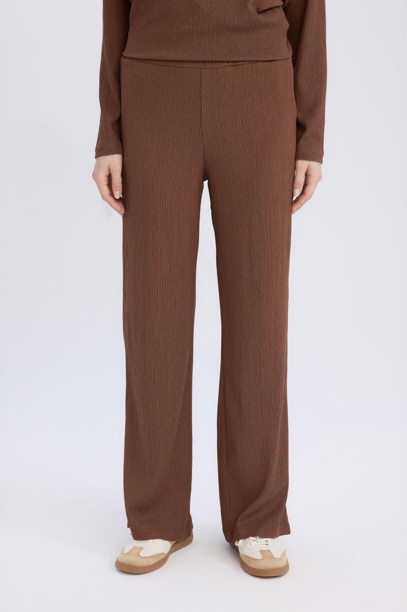Kadın Kahve Bürümcük Pantolon Wide Leg Geniş Bol Paça Beli Lastikli