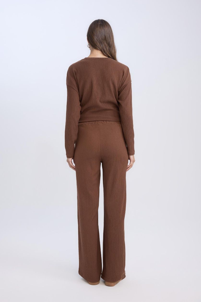 Kadın Kahve Bürümcük Pantolon Wide Leg Geniş Bol Paça Beli Lastikli