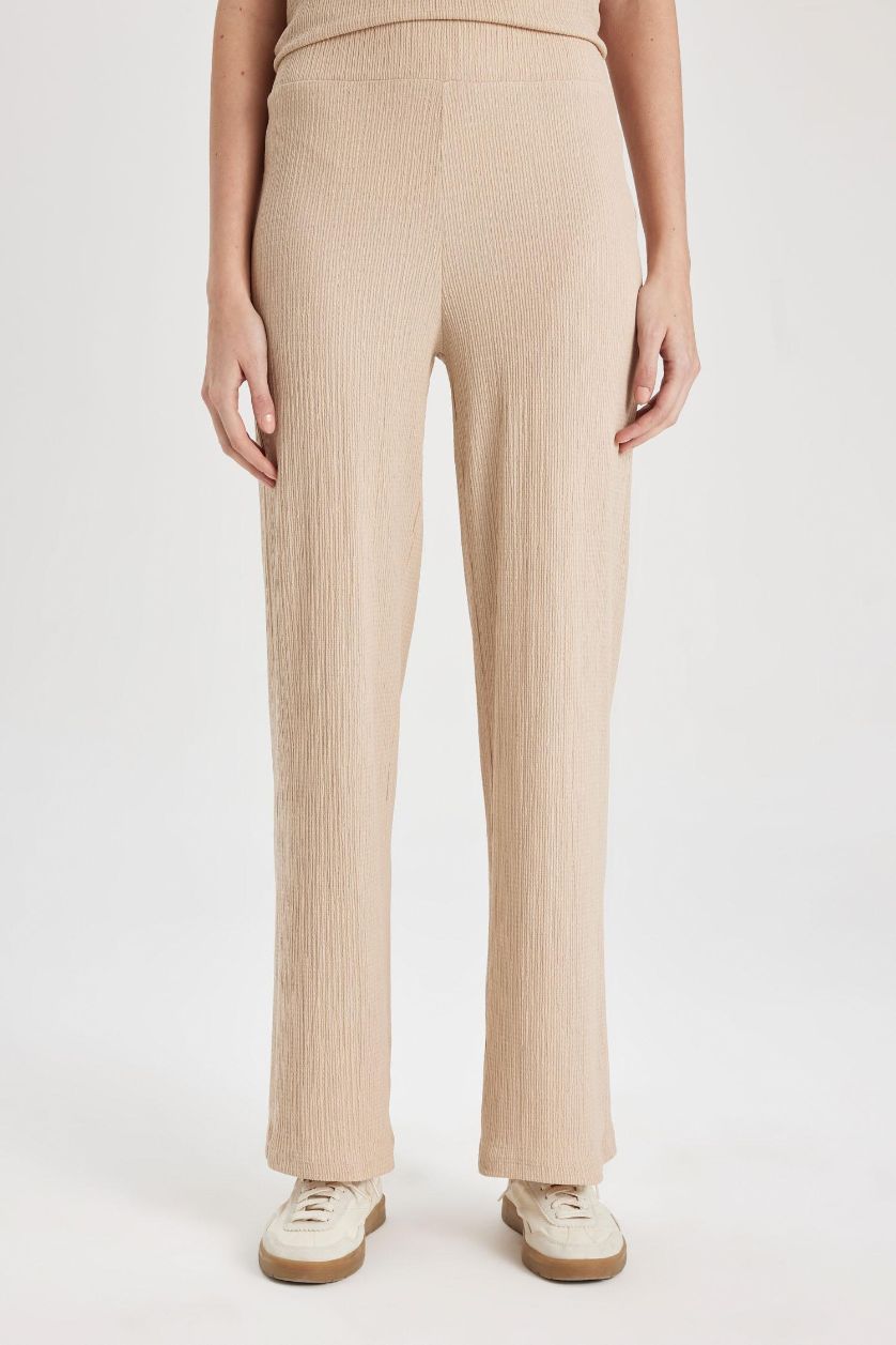 Kadın Bej Bürümcük Pantolon Wide Leg Geniş Bol Paça Beli Lastikli