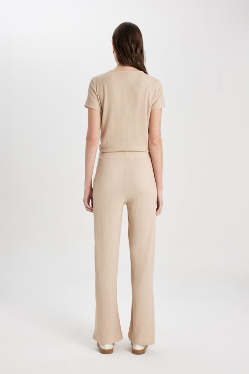 Kadın Bej Bürümcük Pantolon Wide Leg Geniş Bol Paça Beli Lastikli