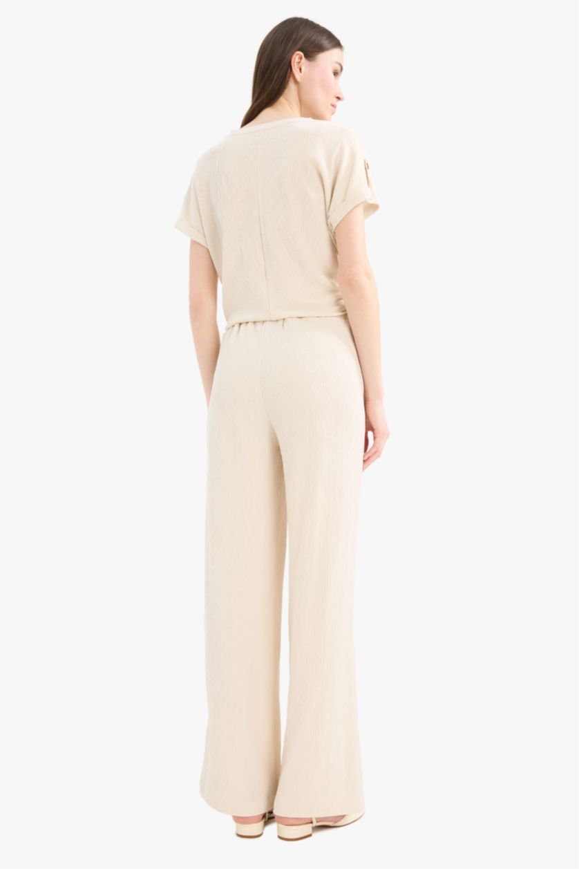 Kadın Bej Bürümcük Pantolon Wide Leg Geniş Bol Paça Beli Lastikli