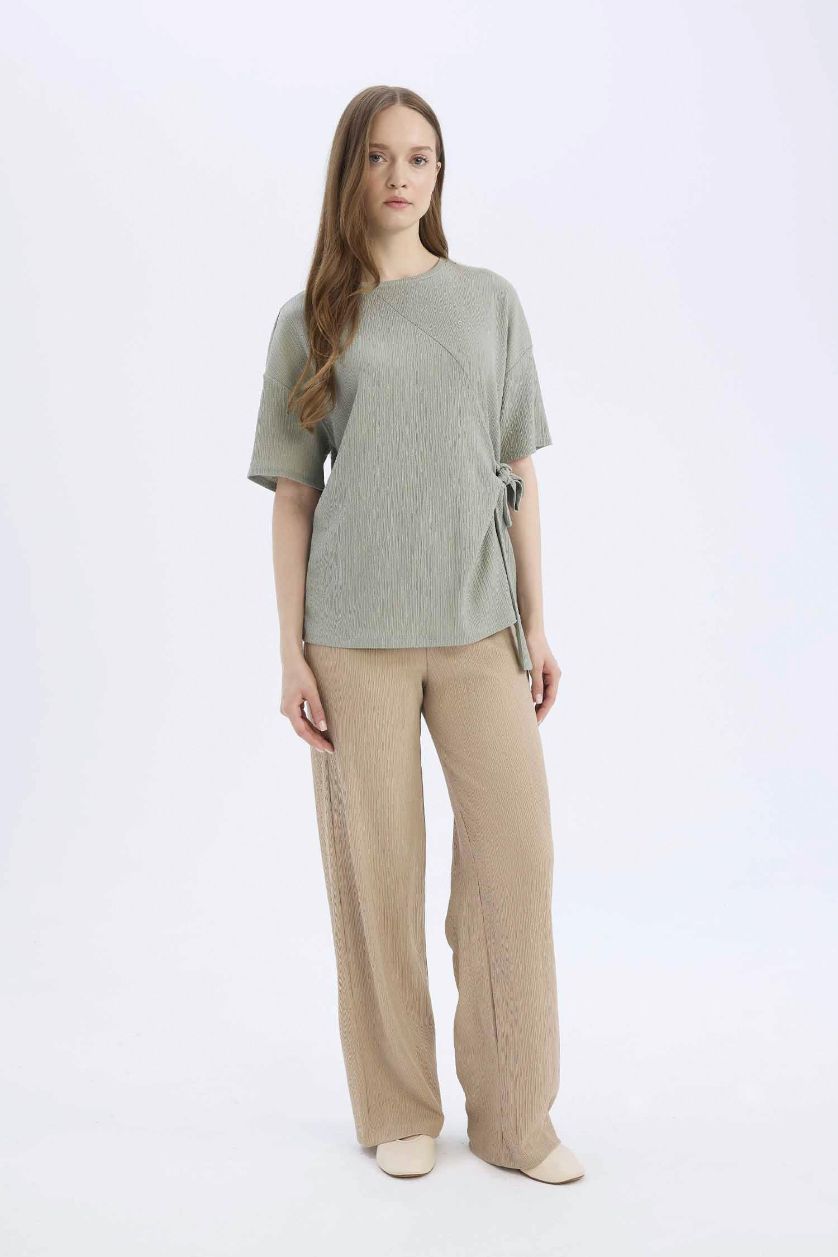 Kadın Bej Bürümcük Pantolon Wide Leg Geniş Bol Paça Beli Lastikli