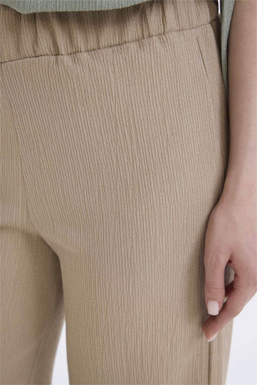 Kadın Bej Bürümcük Pantolon Wide Leg Geniş Bol Paça Beli Lastikli