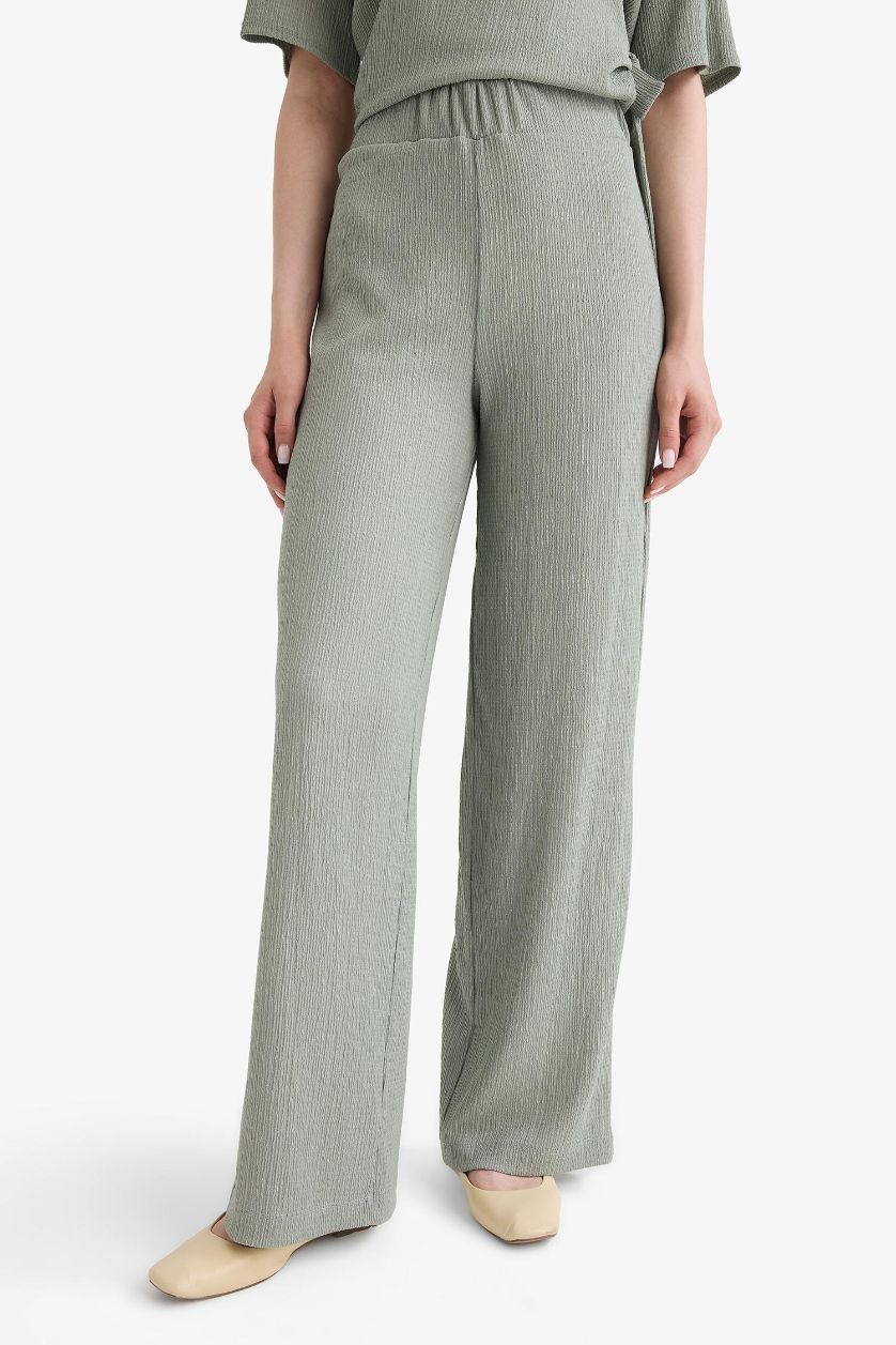 FEMME Vert Clair Pantalon plissé large à taille élastique