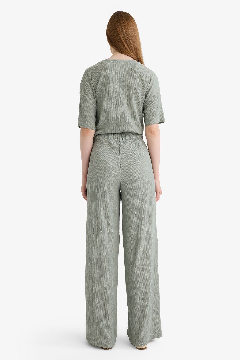 FEMME Vert Clair Pantalon plissé large à taille élastique