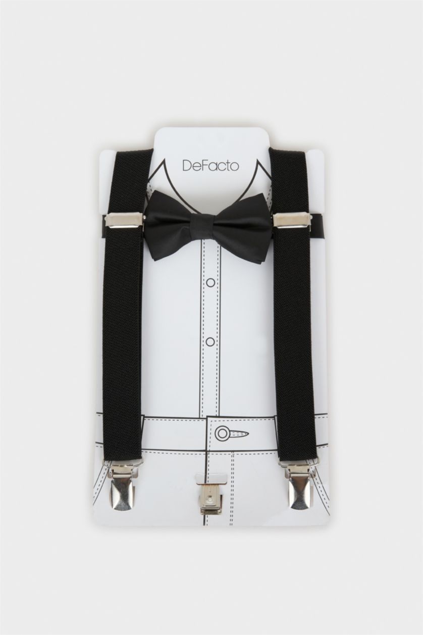 Erkek Çocuk - Genç Erkek Siyah Pamuklu Papyon Pantolon Askısı 2'li Erkek Çocuk