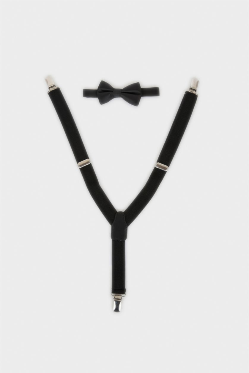 Erkek Çocuk - Genç Erkek Siyah Pamuklu Papyon Pantolon Askısı 2'li Erkek Çocuk