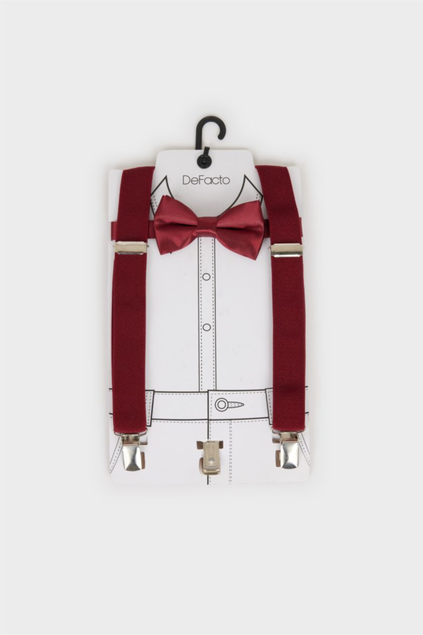 Erkek Çocuk - Genç Erkek Bordo Pamuklu 2'li Takım Pantolon Askısı Papyon Erkek Çocuk