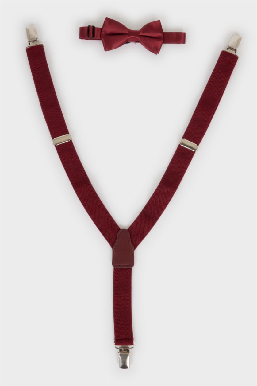 Erkek Çocuk - Genç Erkek Bordo Pamuklu 2'li Takım Pantolon Askısı Papyon Erkek Çocuk