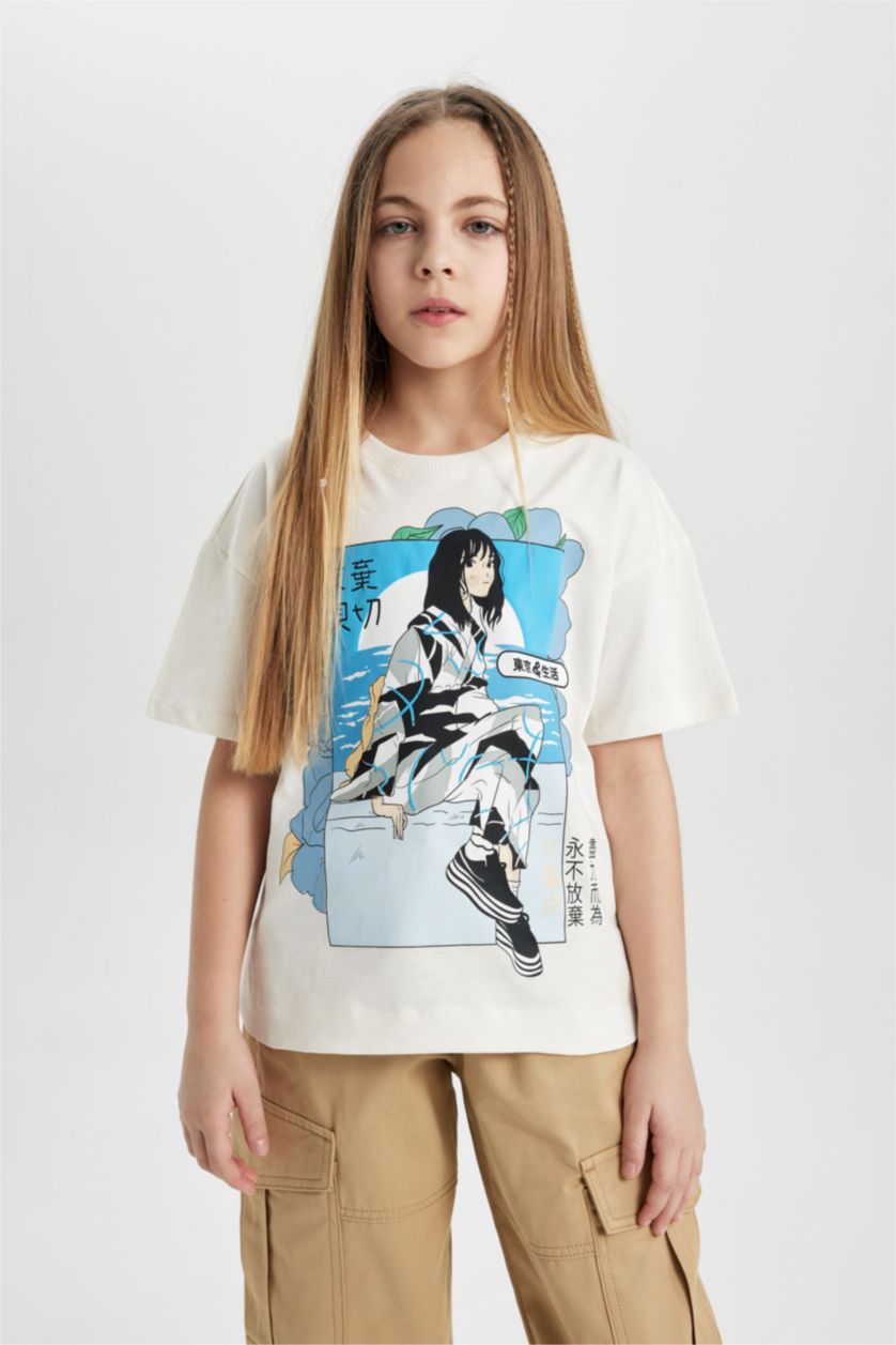 Kız Çocuk - Genç Kız Kırık Beyaz Oversize Geniş Kalıp Bisiklet Yaka Baskılı Kısa Kollu Tişört Kız Çocuk