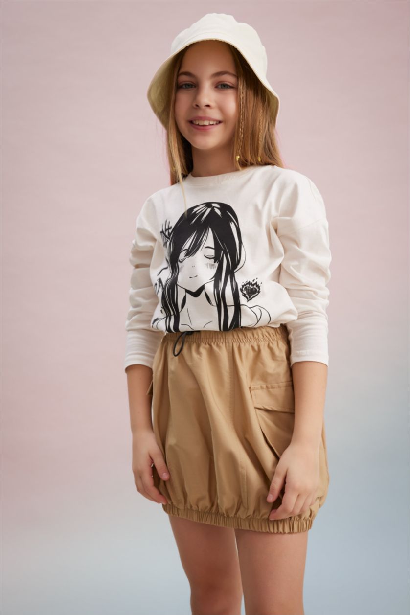 Kız Çocuk - Genç Kız Kırık Beyaz Kız Çocuk Oversize Geniş Kalıp Bisiklet Yaka Baskılı Uzun Kollu Tişört