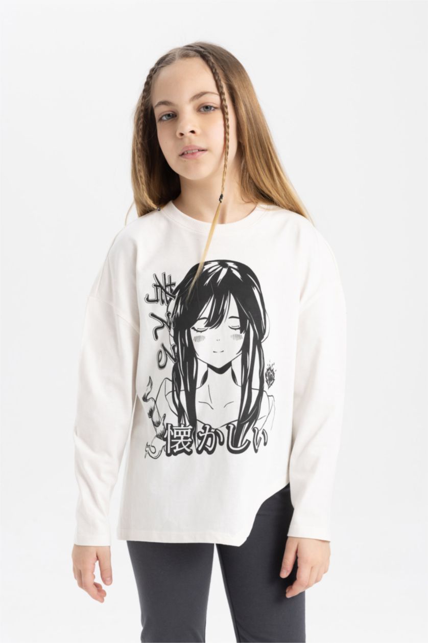 Kız Çocuk - Genç Kız Kırık Beyaz Kız Çocuk Oversize Geniş Kalıp Bisiklet Yaka Baskılı Uzun Kollu Tişört