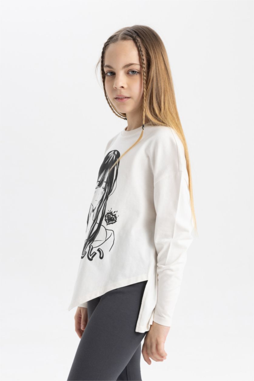 Kız Çocuk - Genç Kız Kırık Beyaz Kız Çocuk Oversize Geniş Kalıp Bisiklet Yaka Baskılı Uzun Kollu Tişört