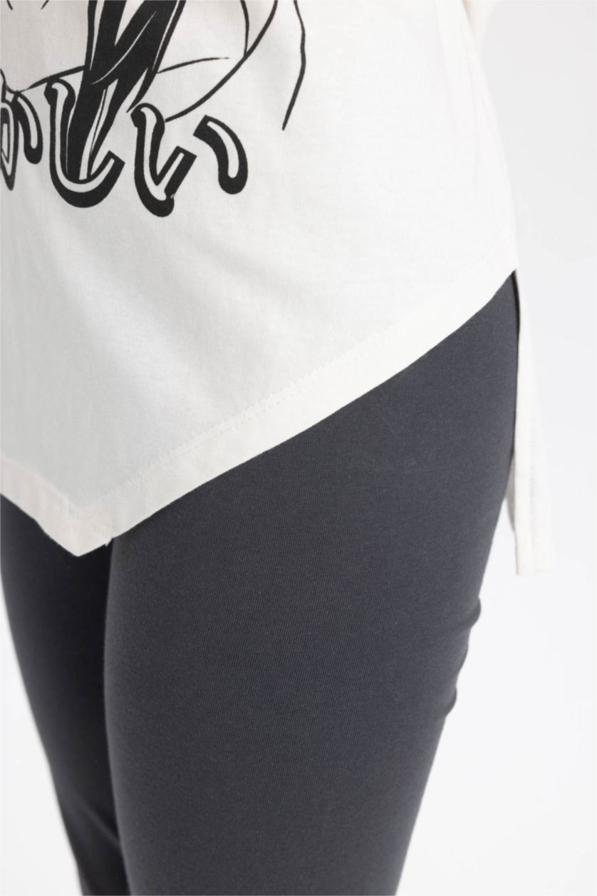 Kız Çocuk - Genç Kız Kırık Beyaz Kız Çocuk Oversize Geniş Kalıp Bisiklet Yaka Baskılı Uzun Kollu Tişört